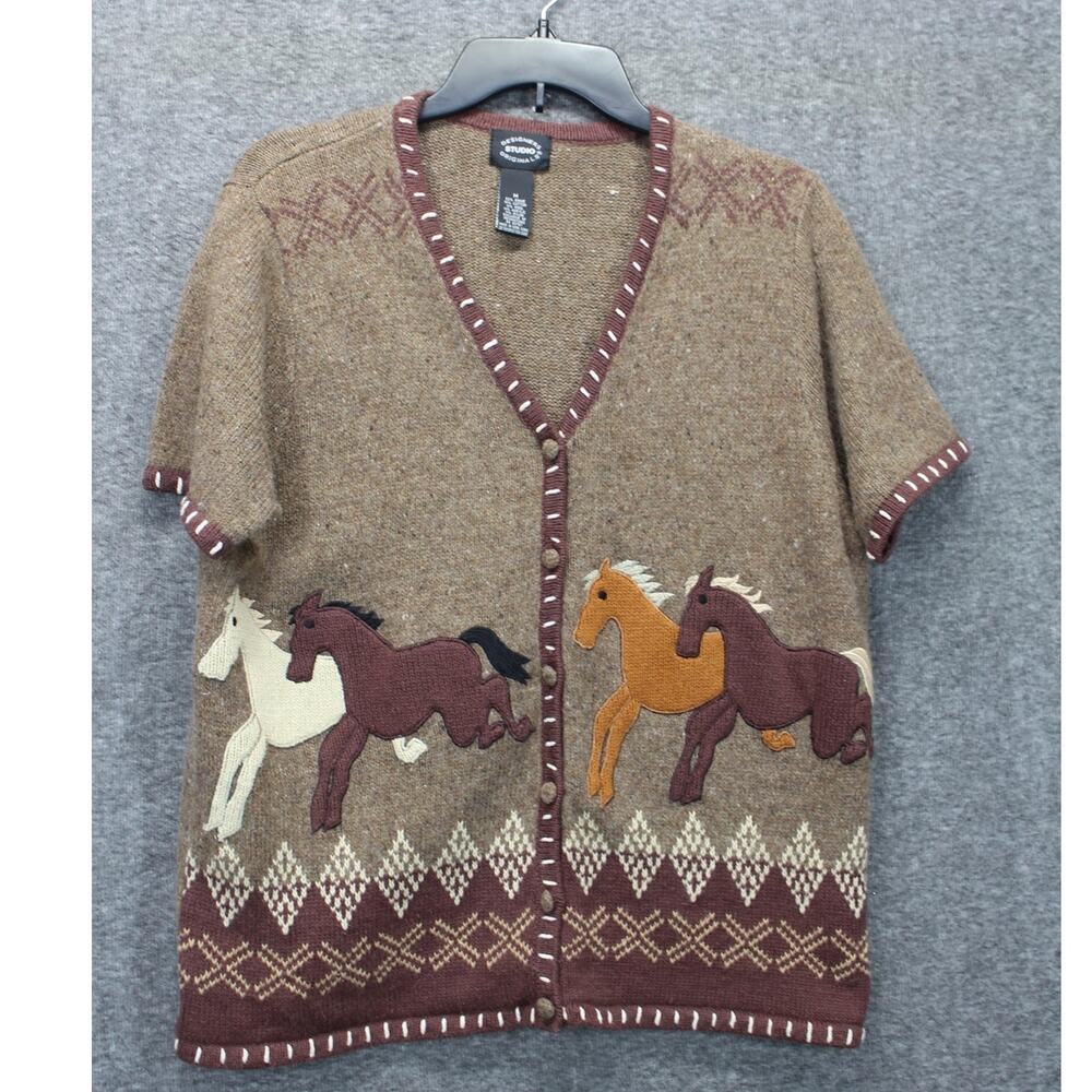 VTG Designer Studio Horse Cardigan Medium Short Sleeve Brown